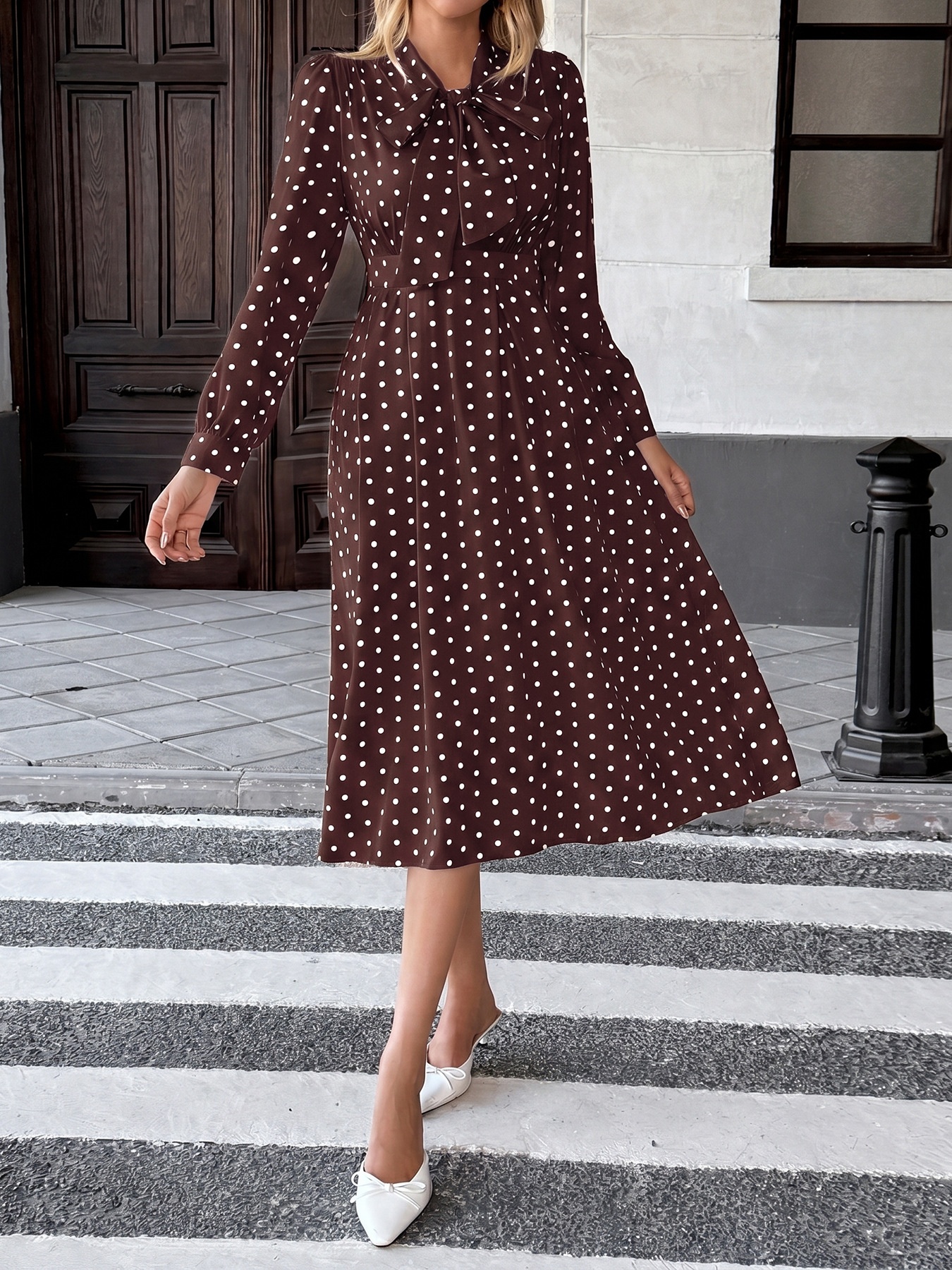Polka Dot Tie Neck Long Sleeve Midi Dress