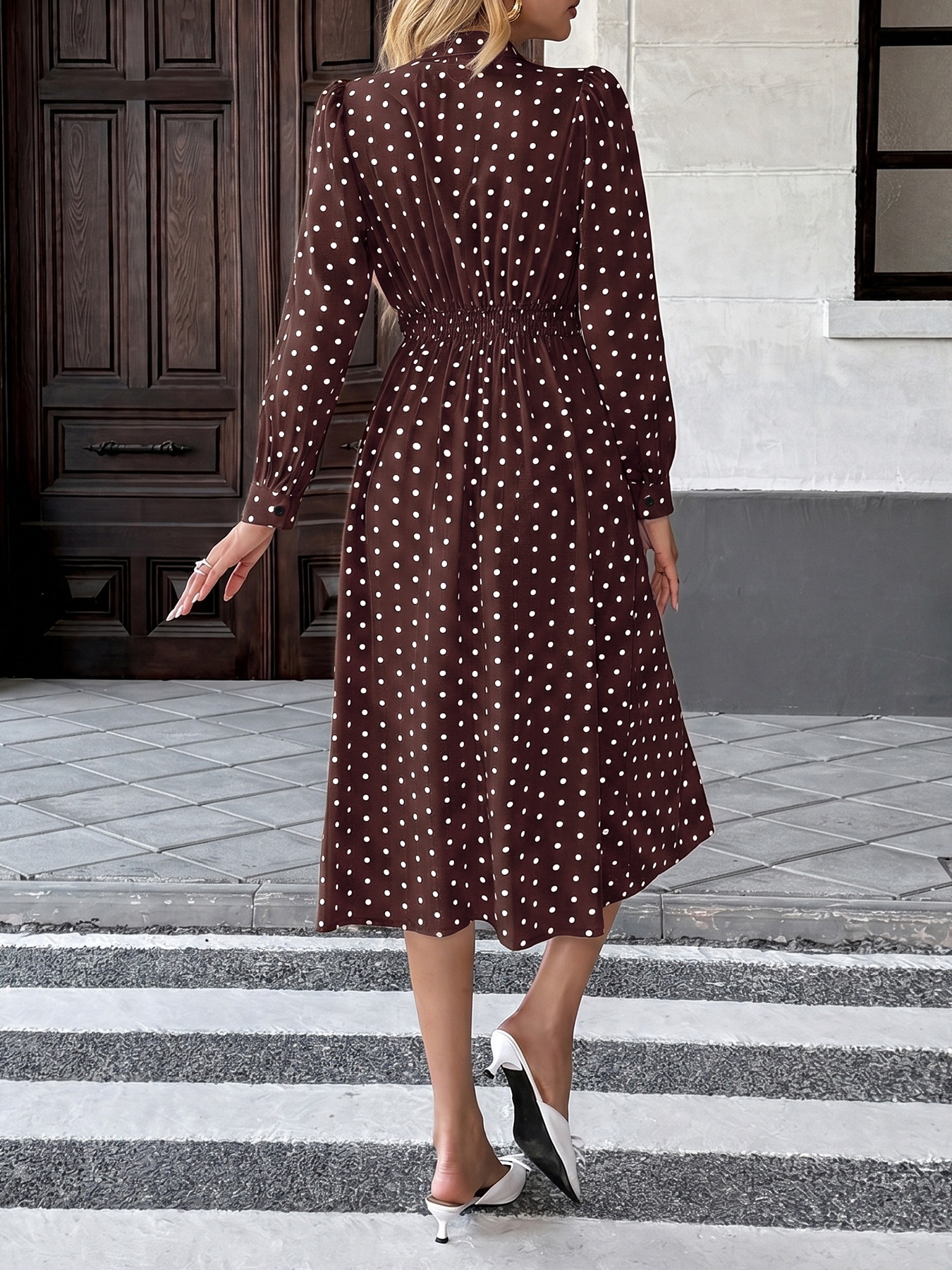 Polka Dot Tie Neck Long Sleeve Midi Dress