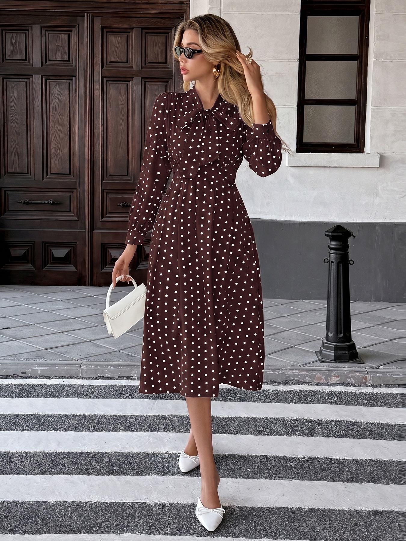 Polka Dot Tie Neck Long Sleeve Midi Dress