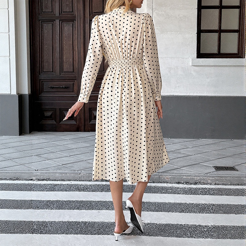 Polka Dot Tie Neck Long Sleeve Midi Dress