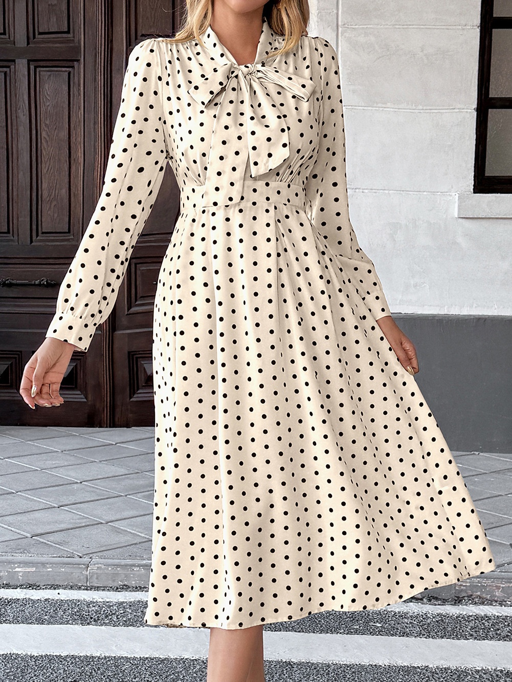 Polka Dot Tie Neck Long Sleeve Midi Dress