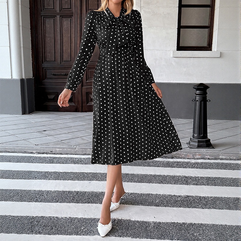 Polka Dot Tie Neck Long Sleeve Midi Dress