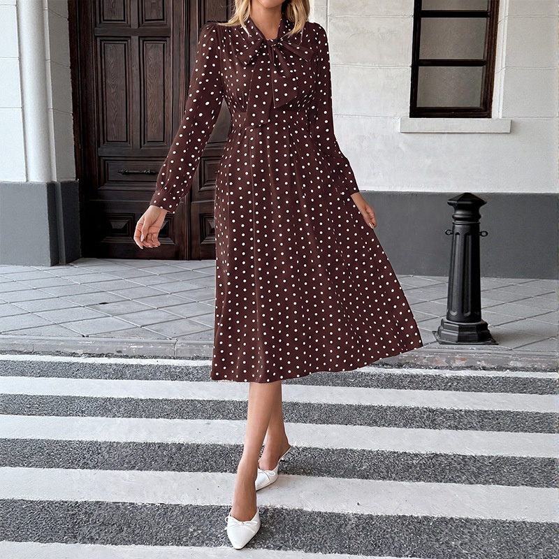 Polka Dot Tie Neck Long Sleeve Midi Dress