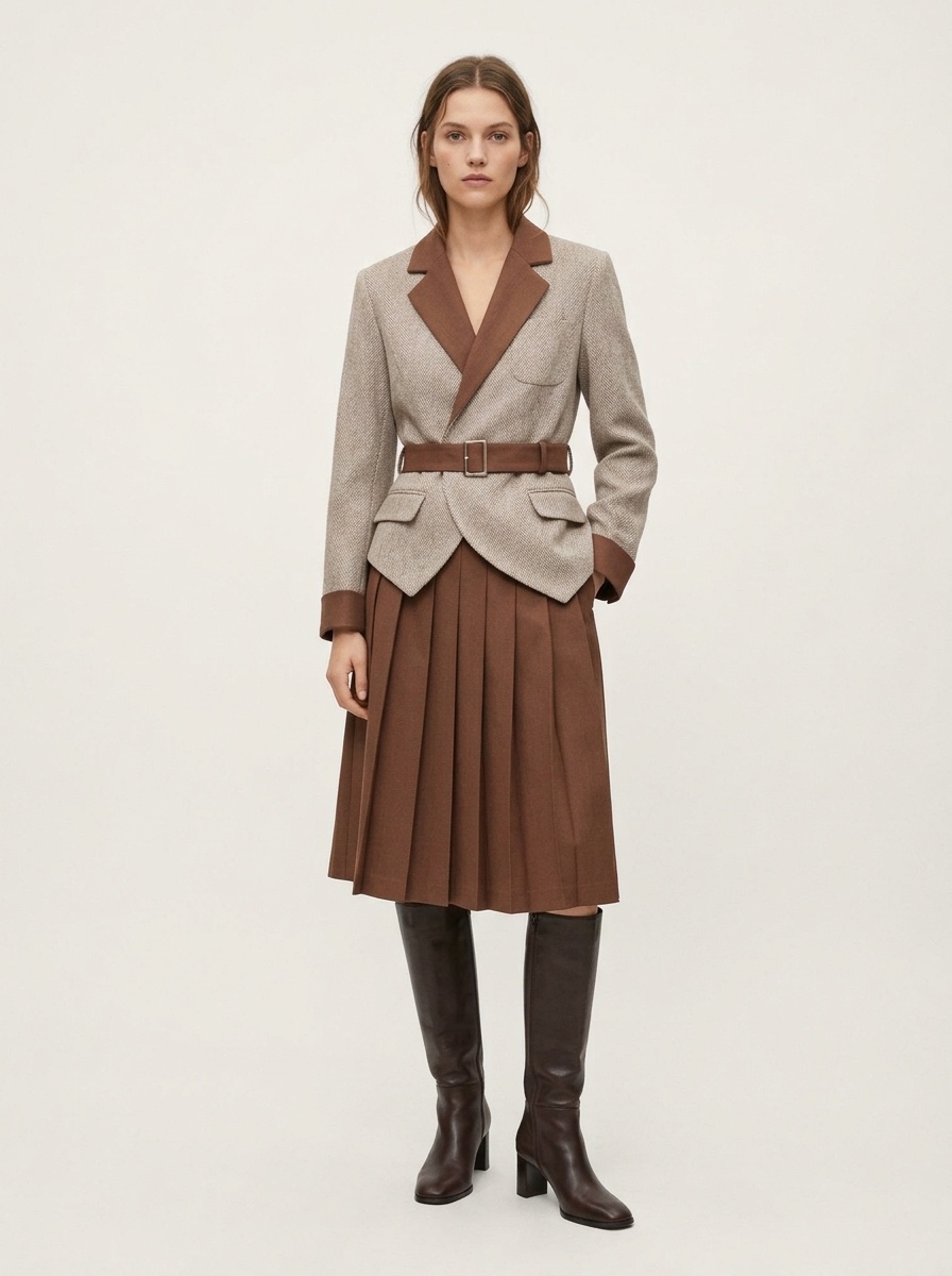 Women's Two-Tone Belted Blazer Pleated Dress