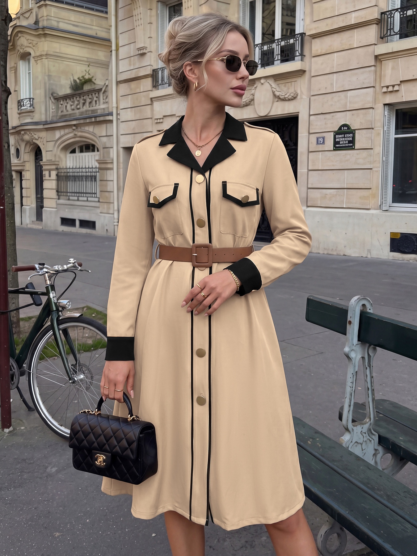 Contrast Collar Button-Down Belted Trench Dress