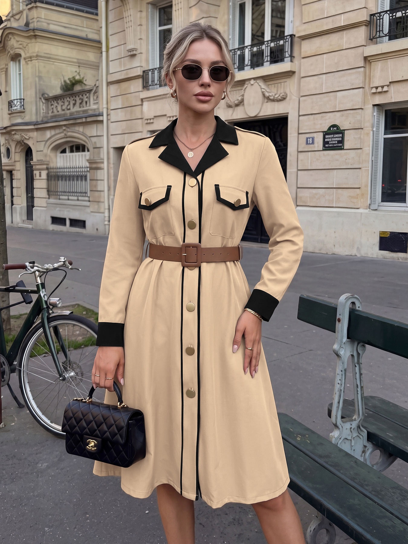 Contrast Collar Button-Down Belted Trench Dress