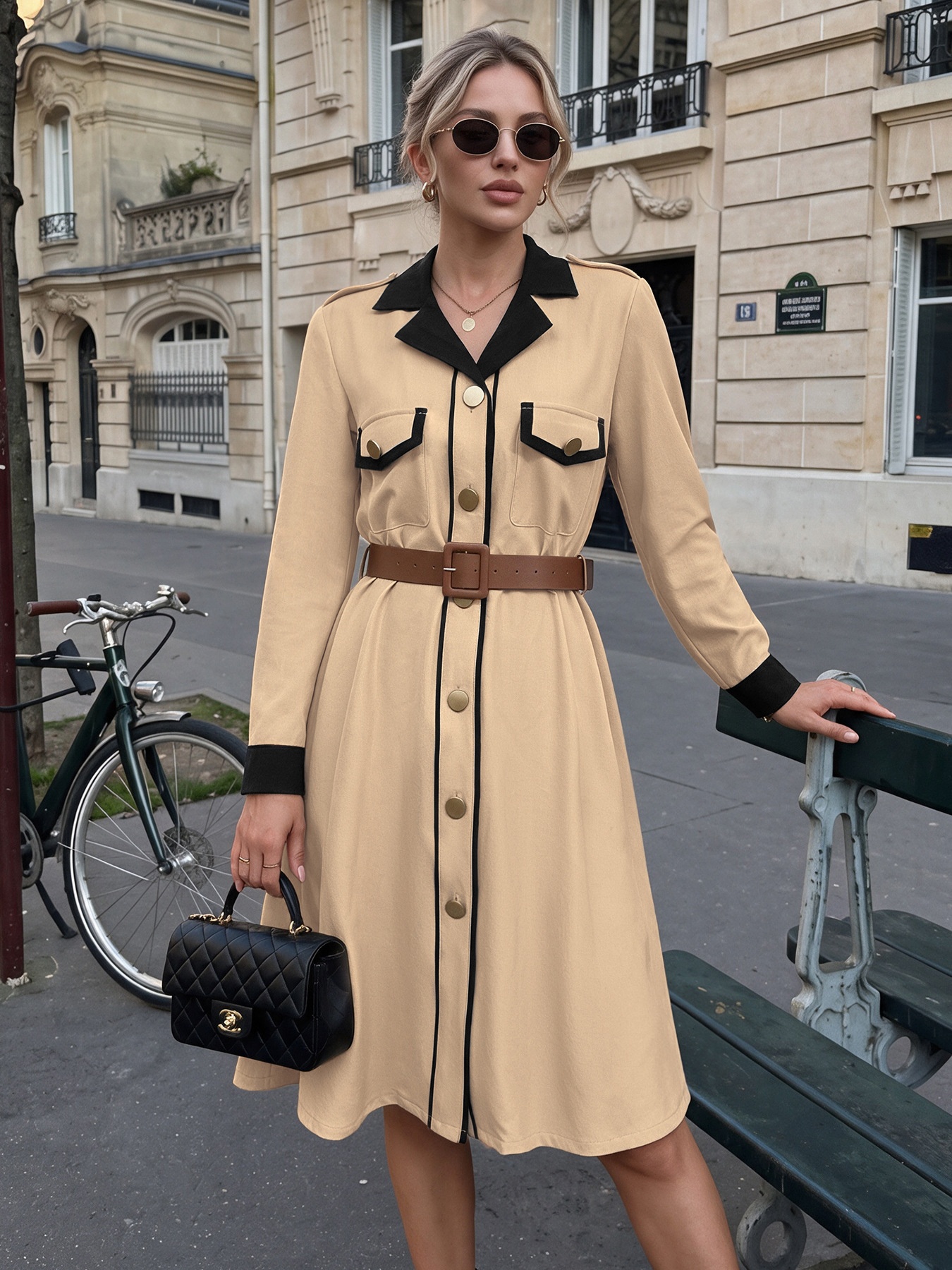 Contrast Collar Button-Down Belted Trench Dress