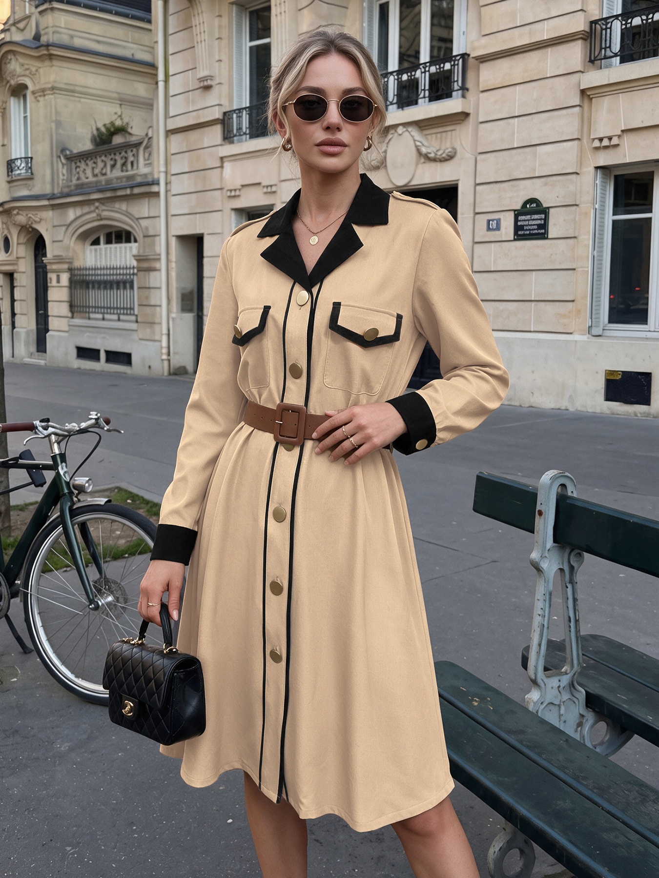 Contrast Collar Button-Down Belted Trench Dress