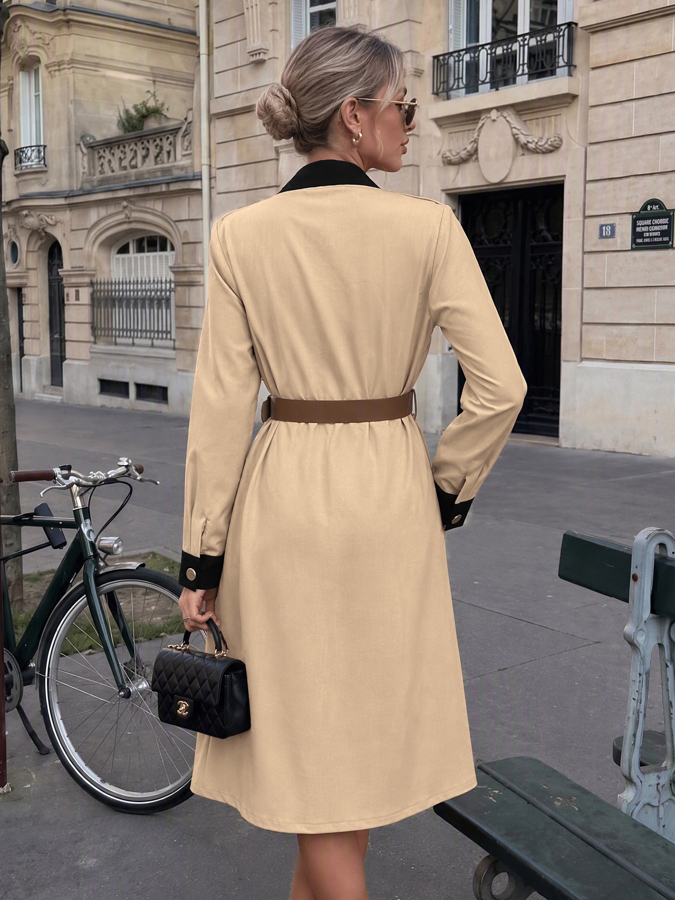 Contrast Collar Button-Down Belted Trench Dress