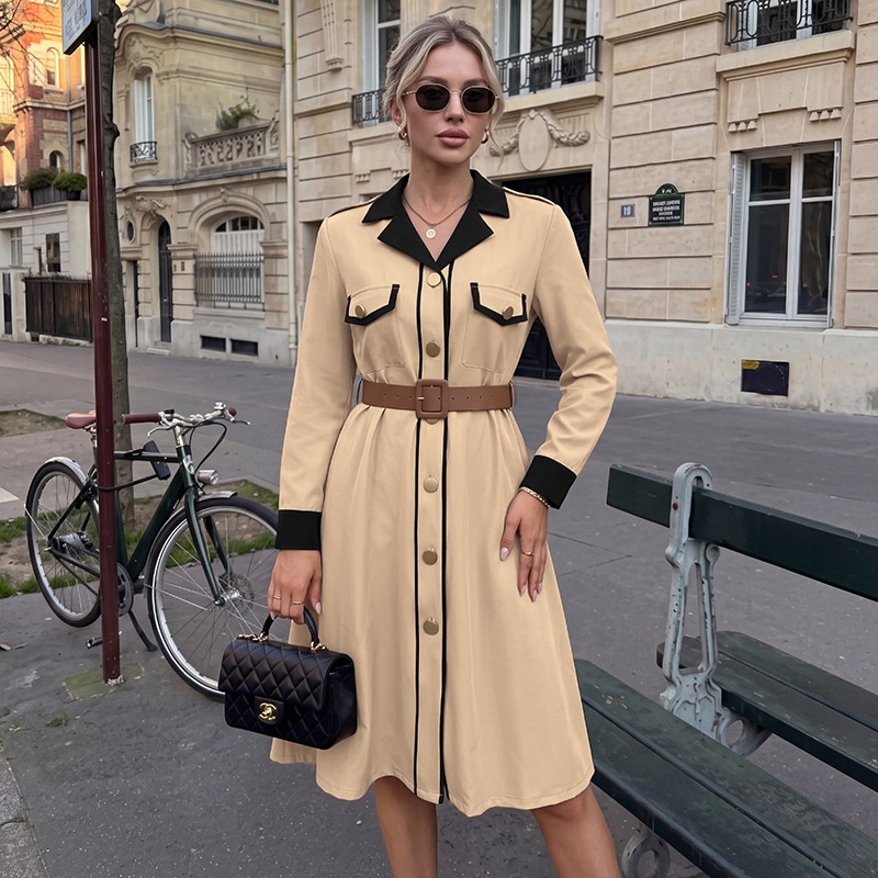 Contrast Collar Button-Down Belted Trench Dress