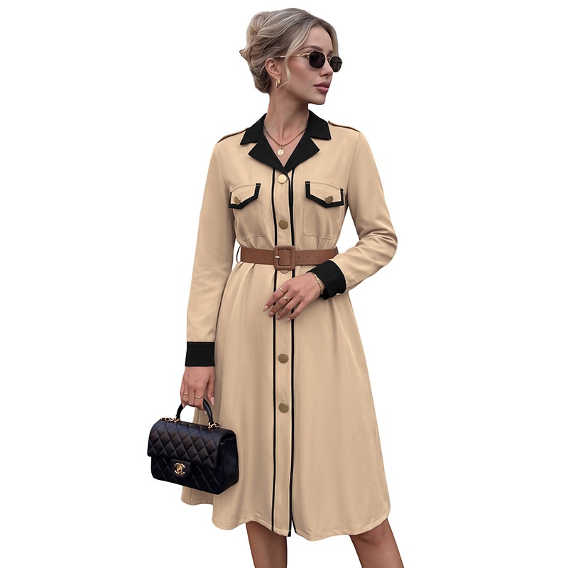 Contrast Collar Button-Down Belted Trench Dress