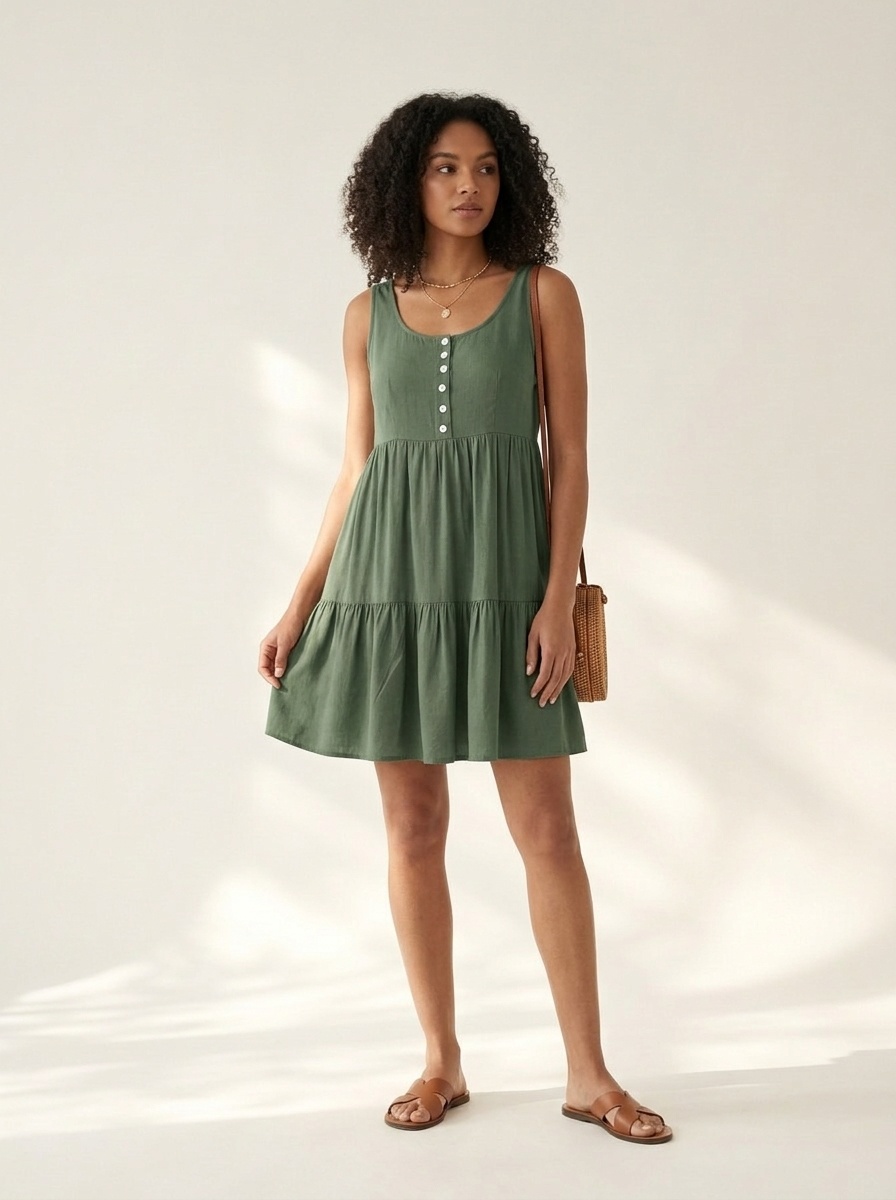 Women's Sleeveless Tiered Ruffle Mini Dress with Pockets