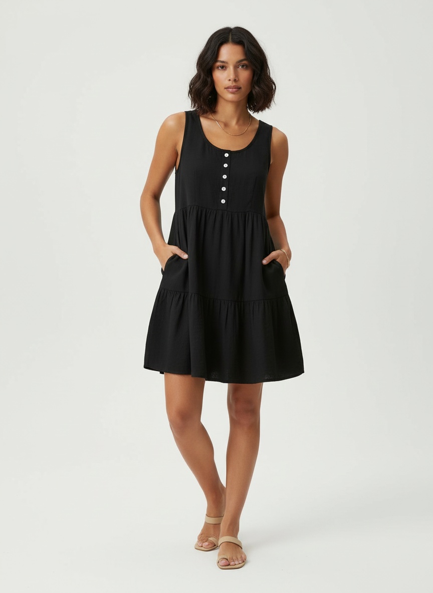 Women's Sleeveless Tiered Ruffle Mini Dress with Pockets
