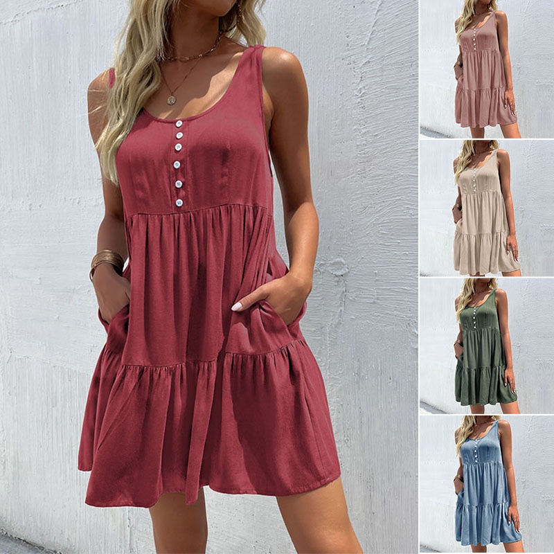 Women's Sleeveless Tiered Ruffle Mini Dress with Pockets