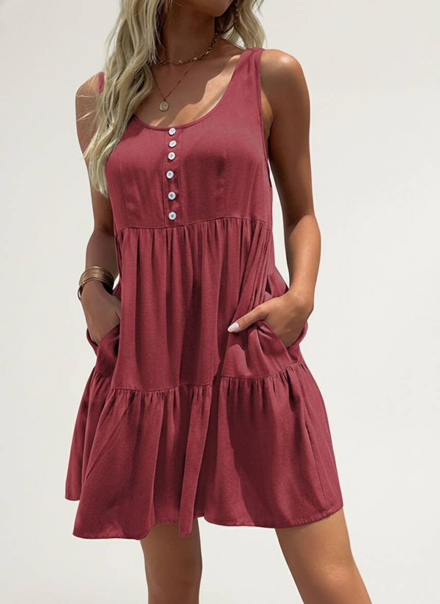 Women's Sleeveless Tiered Ruffle Mini Dress with Pockets