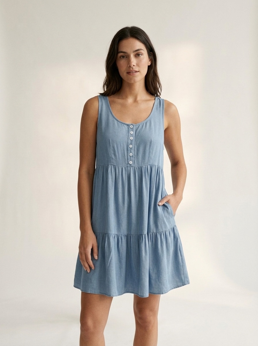 Women's Sleeveless Tiered Ruffle Mini Dress with Pockets