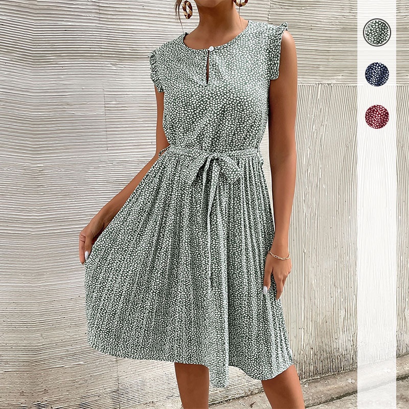 Women's Floral Pleated Midi Dress with Tie Belt