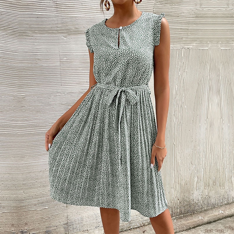 Women's Floral Pleated Midi Dress with Tie Belt