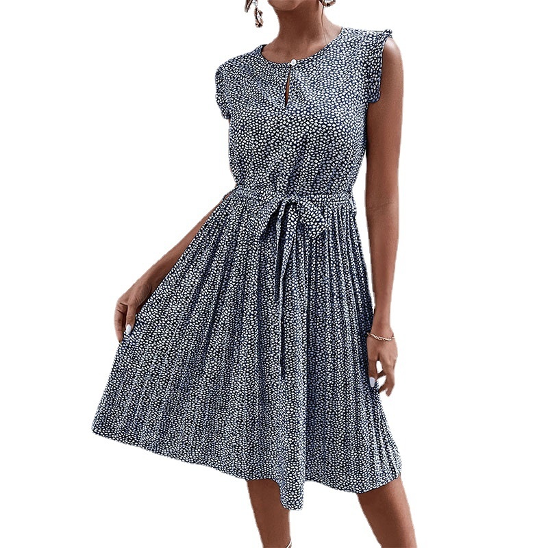 Women's Floral Pleated Midi Dress with Tie Belt