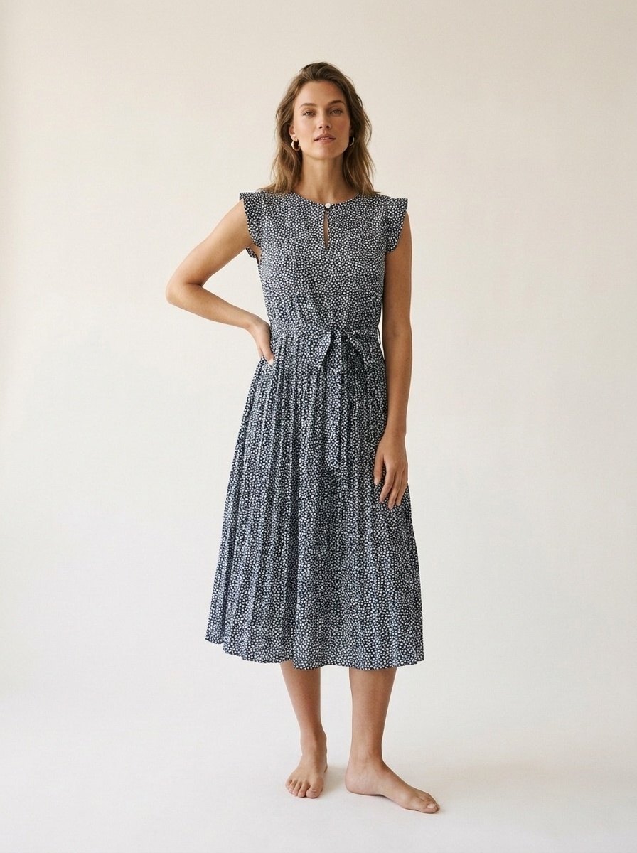 Women's Floral Pleated Midi Dress with Tie Belt