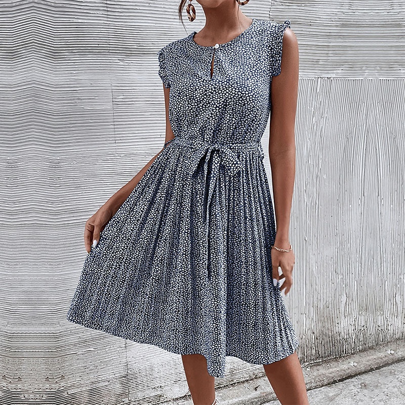 Women's Floral Pleated Midi Dress with Tie Belt