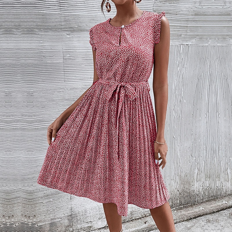 Women's Floral Pleated Midi Dress with Tie Belt