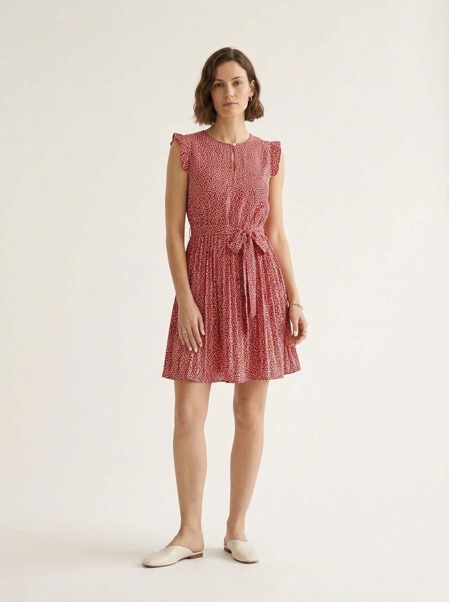 Women's Floral Pleated Midi Dress with Tie Belt