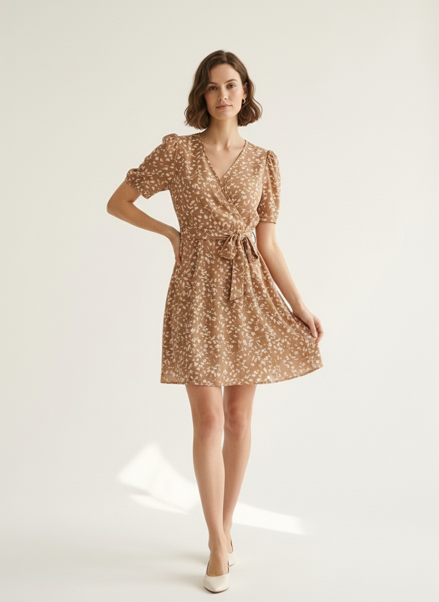 Women's Floral V-Neck Pleated Midi Dress with Tie Waist