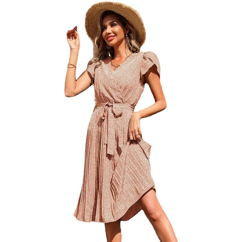 Women's Floral V-Neck Pleated Midi Dress with Tie Waist