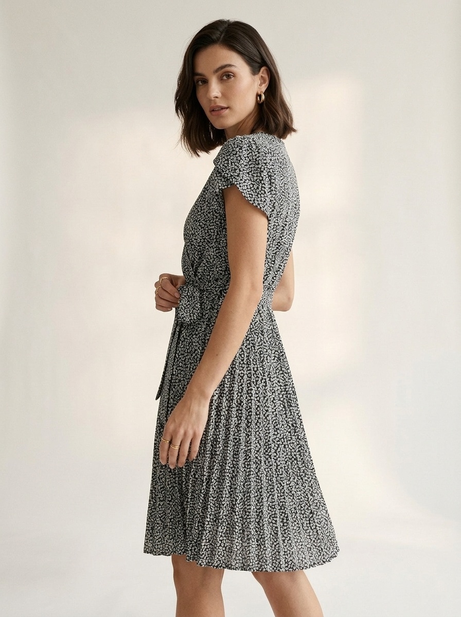 Women's Floral V-Neck Pleated Midi Dress with Tie Waist