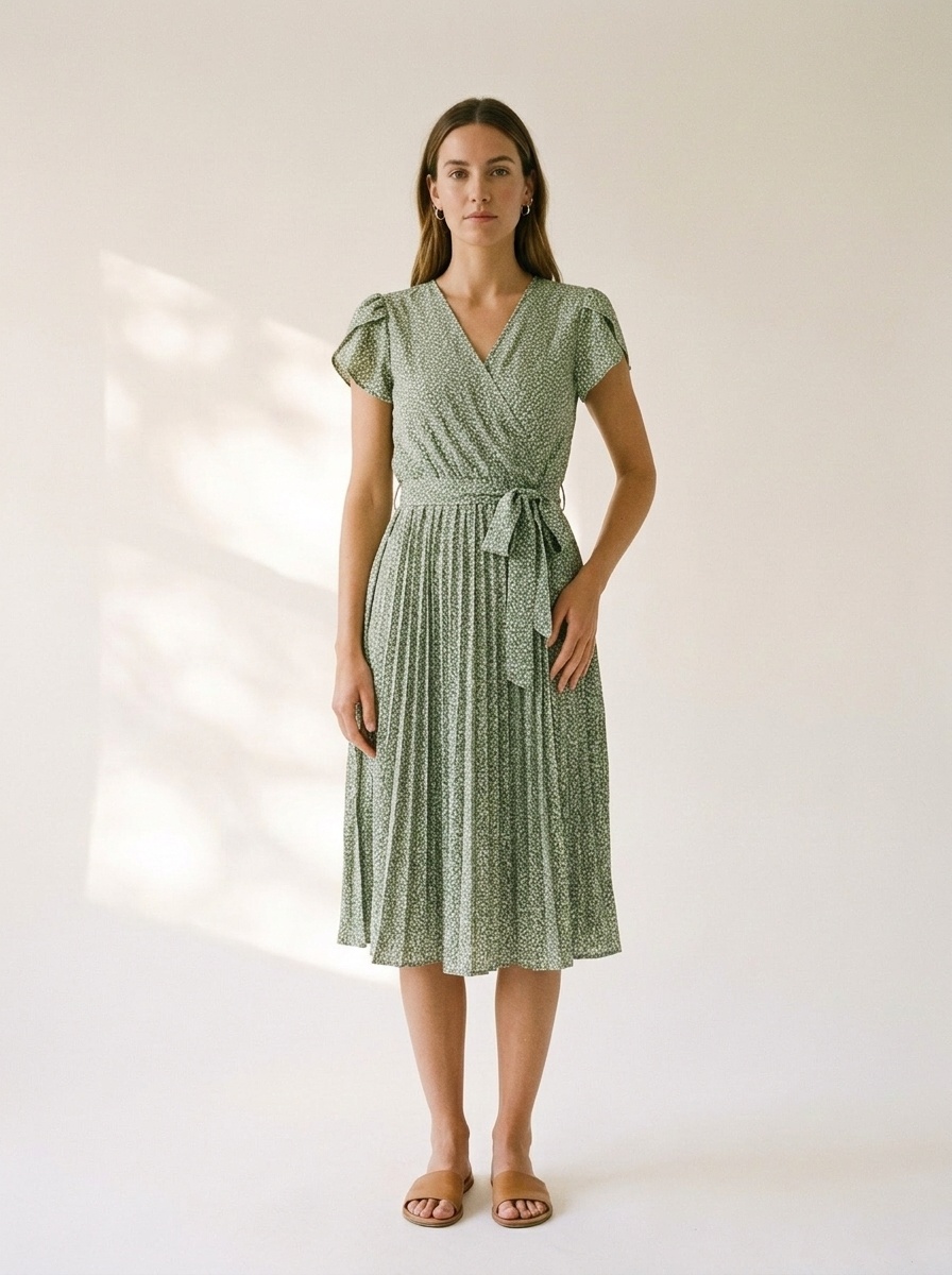 Women's Floral V-Neck Pleated Midi Dress with Tie Waist