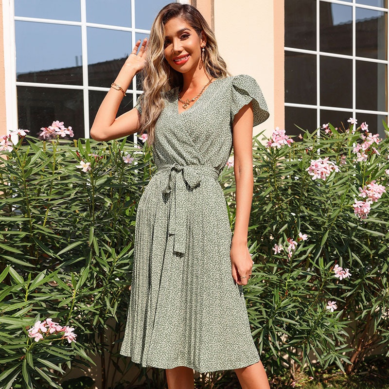 Women's Floral V-Neck Pleated Midi Dress with Tie Waist