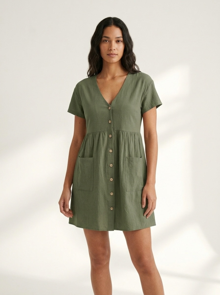 Women's Casual V-Neck Button-Front Mini Dress with Pockets