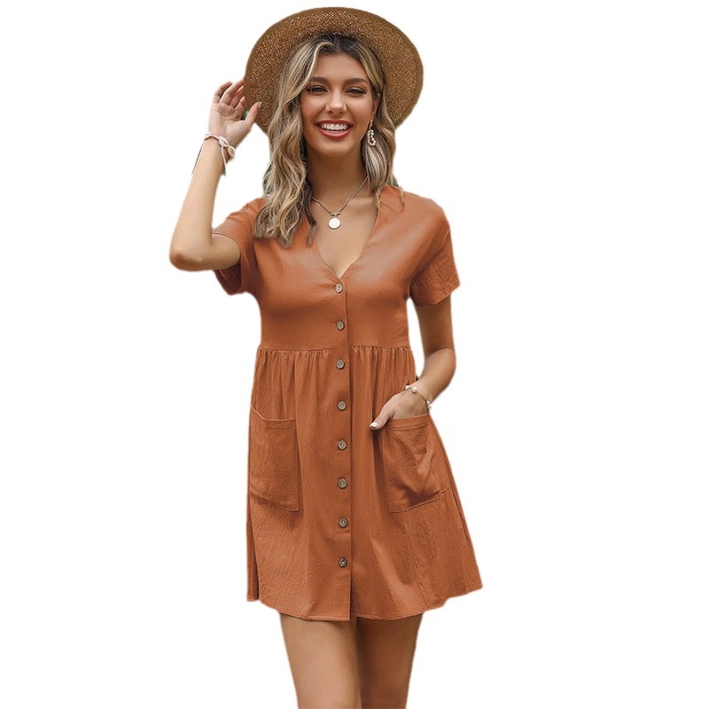 Women's Casual V-Neck Button-Front Mini Dress with Pockets