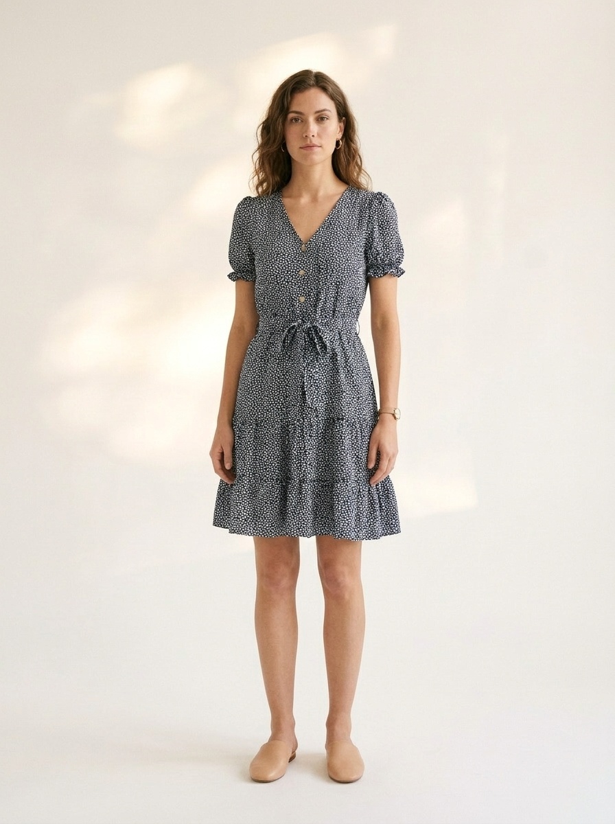 Women's Floral V-Neck Tie-Waist Mini Dress