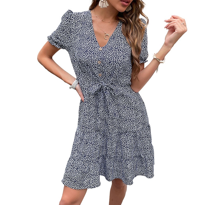 Women's Floral V-Neck Tie-Waist Mini Dress