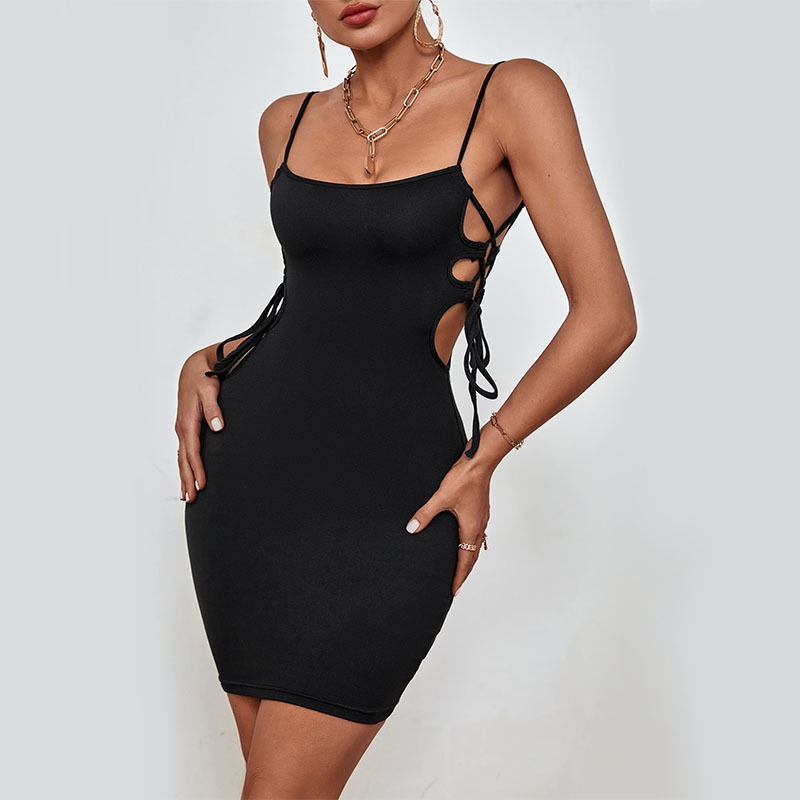 Lace-Up Side Cutout Bodycon Mini Dress - Black