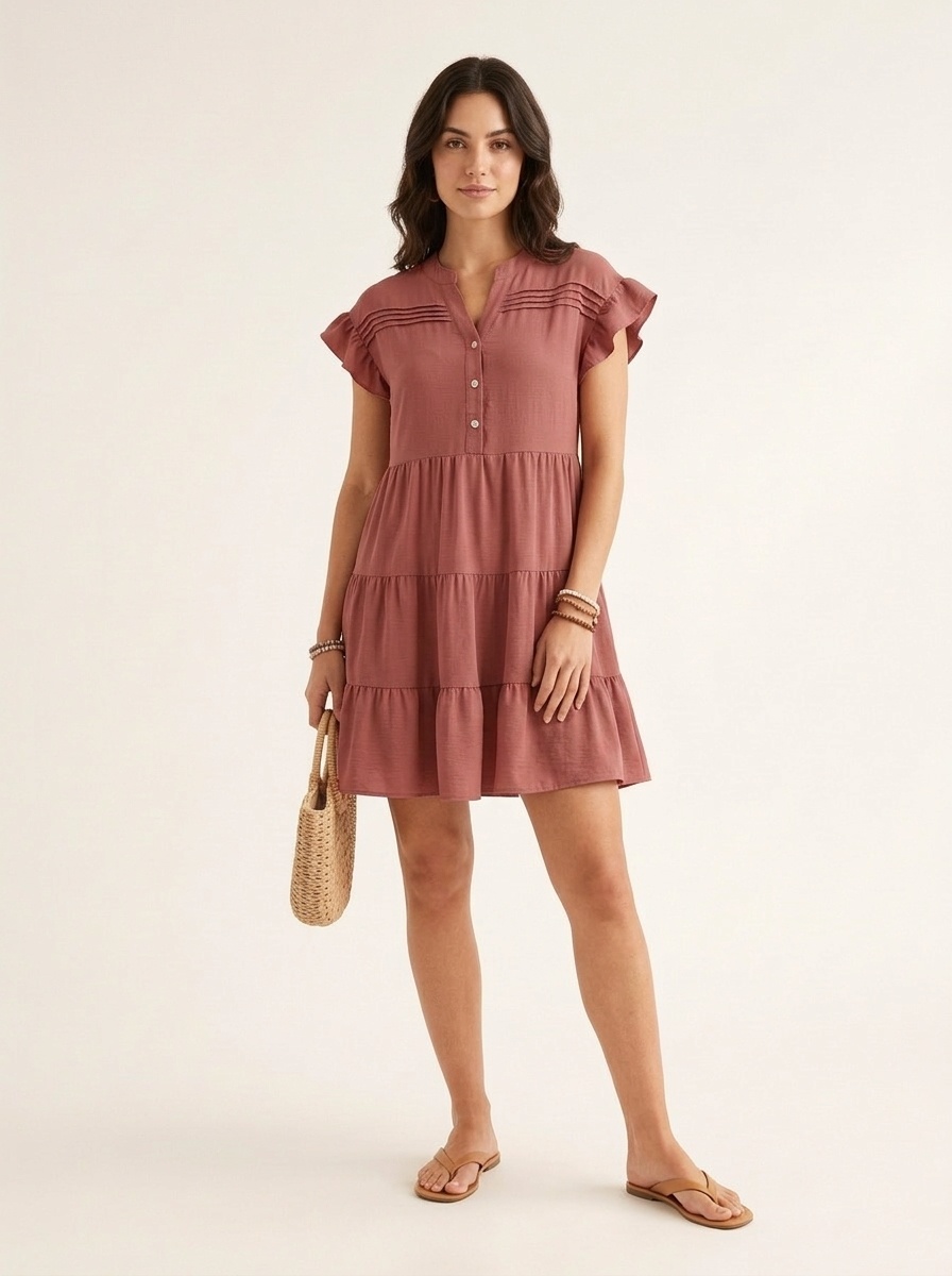 Robe courte à manches à volants étagées et col en V pour femme