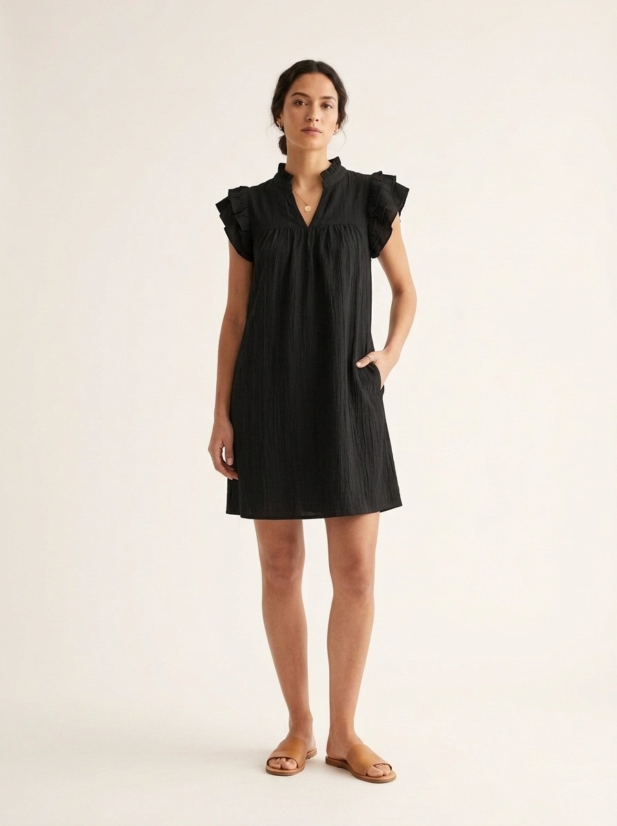 Robe courte décontractée à manches à volants et col en V pour femme