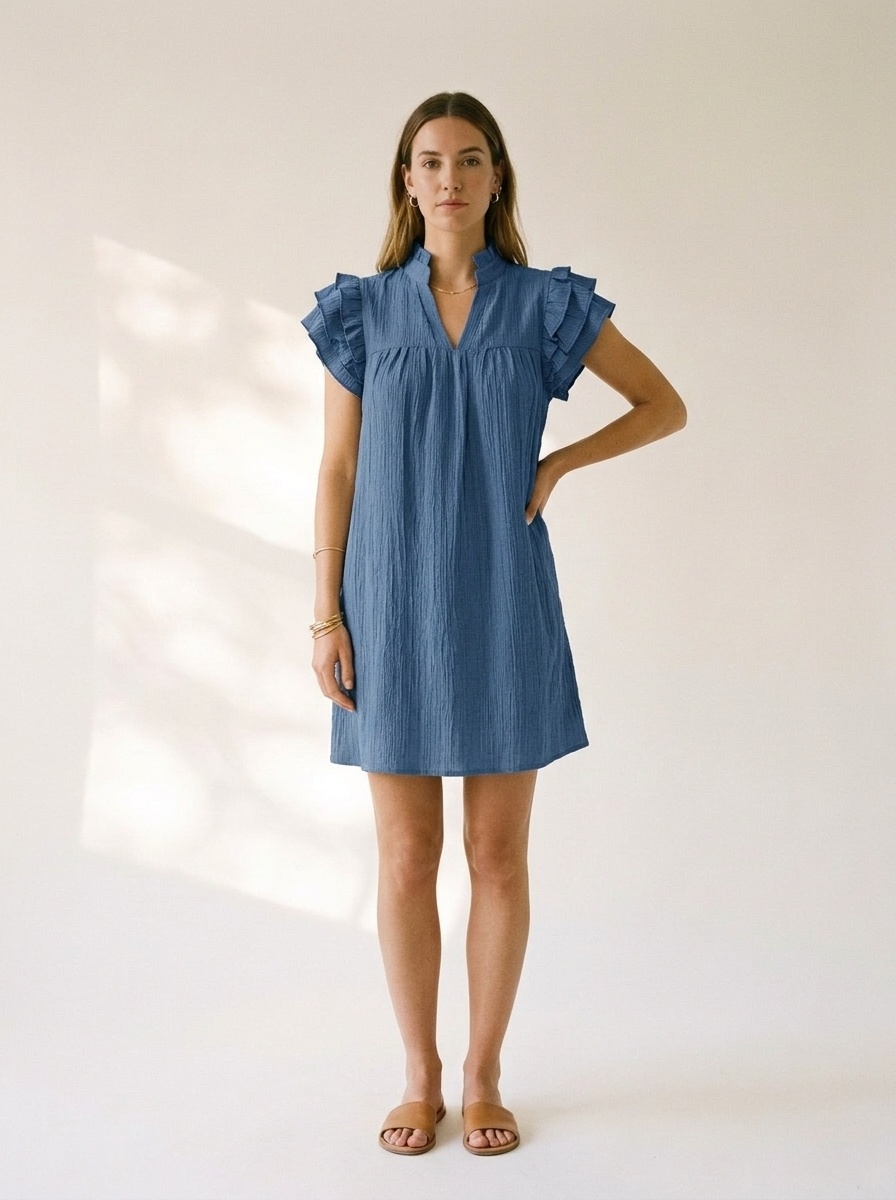 Robe courte décontractée à manches à volants et col en V pour femme