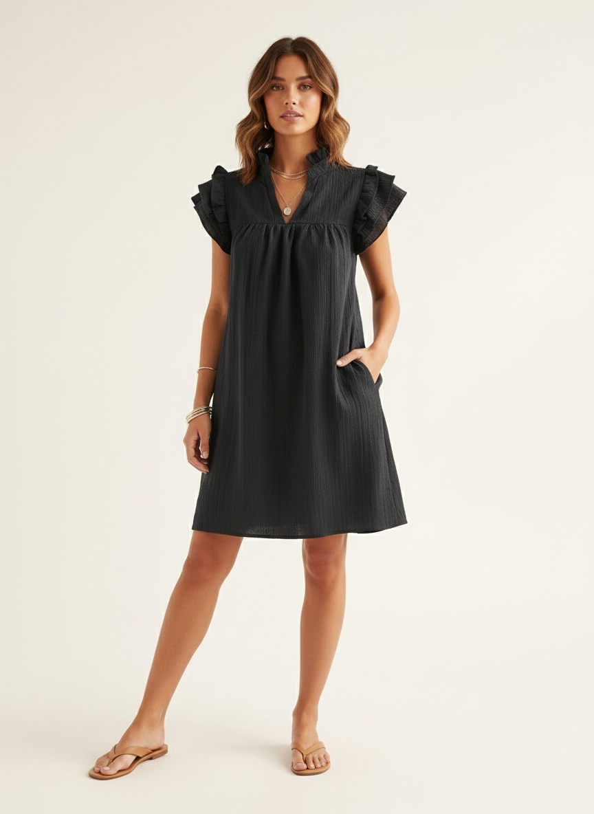 Robe courte décontractée à manches à volants et col en V pour femme