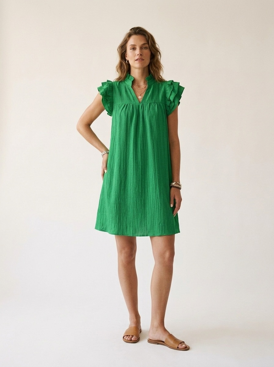 Robe courte décontractée à manches à volants et col en V pour femme