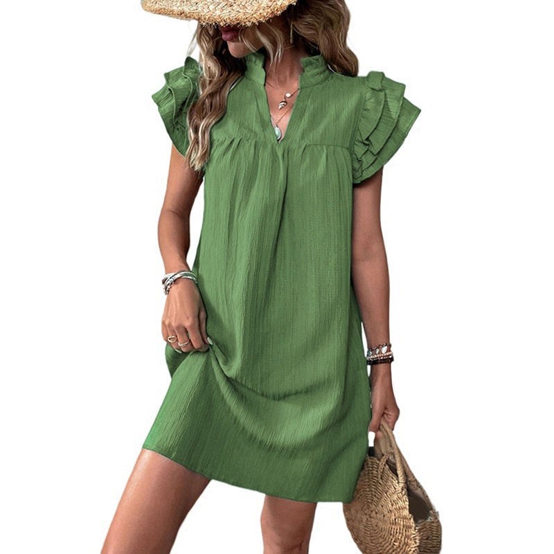 Robe courte décontractée à manches à volants et col en V pour femme