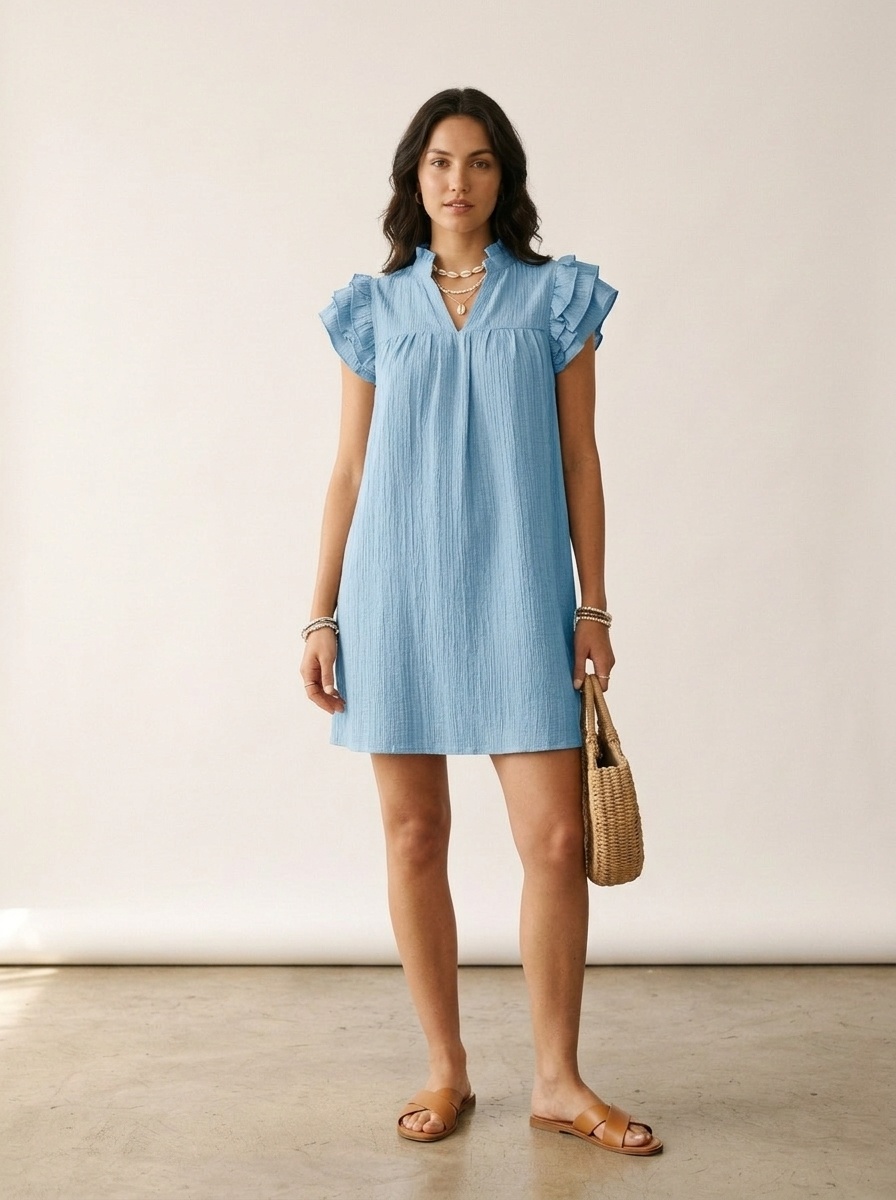 Robe courte décontractée à manches à volants et col en V pour femme