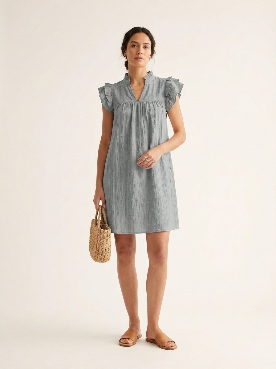 Robe courte décontractée à manches à volants et col en V pour femme