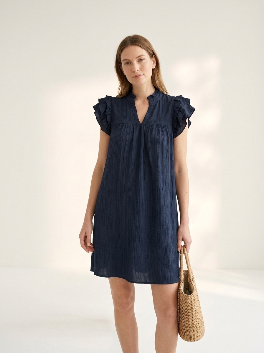 Robe courte décontractée à manches à volants et col en V pour femme