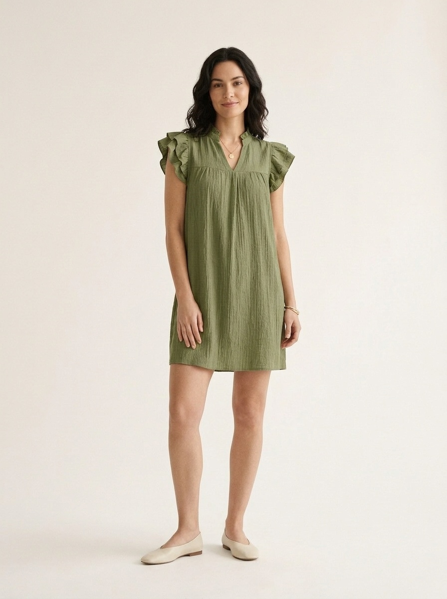 Robe courte décontractée à manches à volants et col en V pour femme