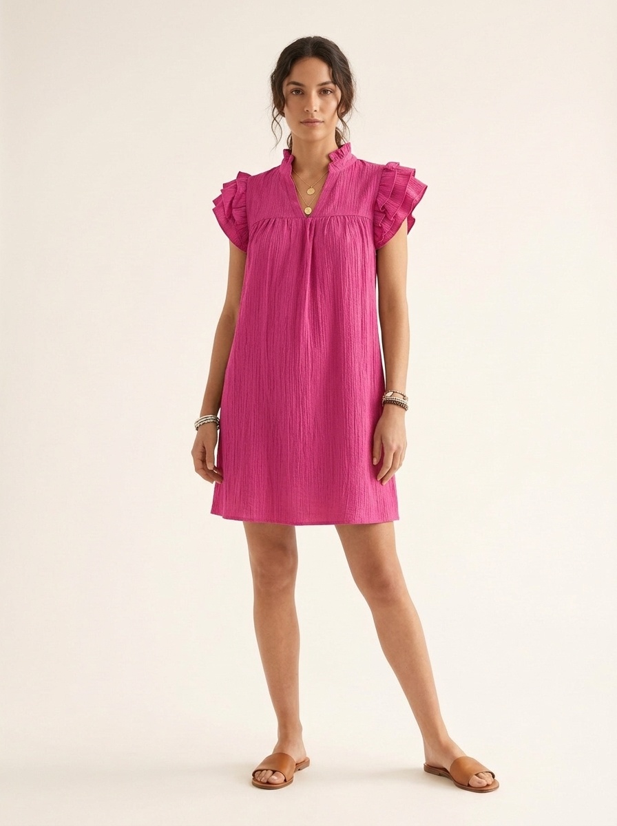 Robe courte décontractée à manches à volants et col en V pour femme