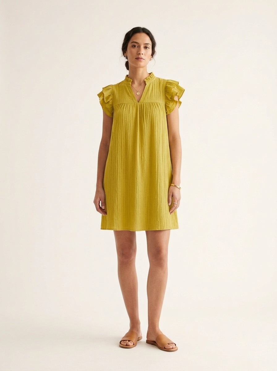 Robe courte décontractée à manches à volants et col en V pour femme