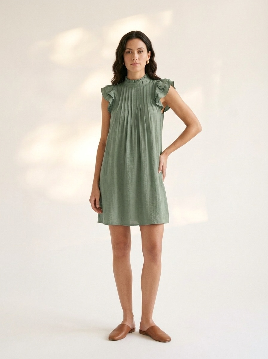 Robe mini plissée à manches à volants et col montant pour femme